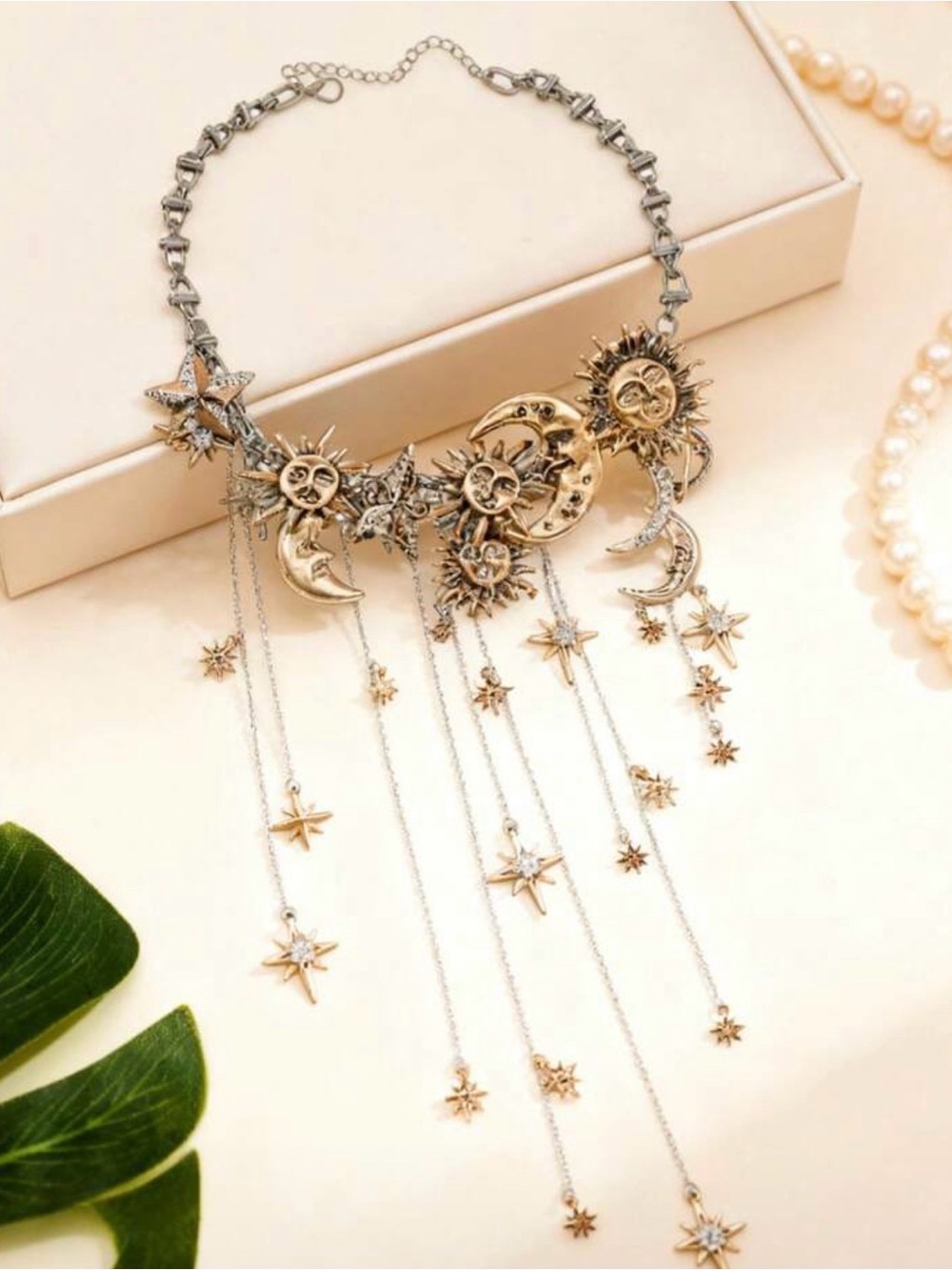 Retro Sun & Moon Statement Necklace - Silver & Gold - Picture 6 of 6